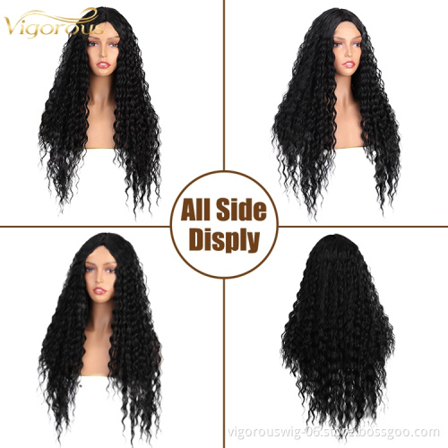 New Desinge Natural Color Hairline High Quality Machine Made Fiber Deep Curly Black Long Cheap Synthetic Hair Wigs